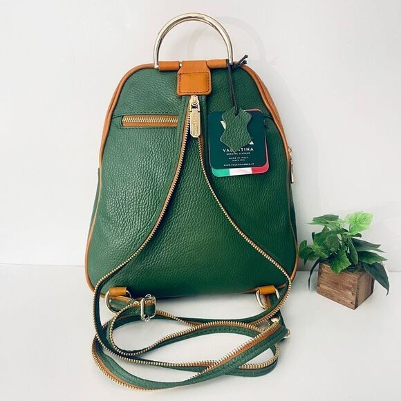 NWT Valentina Green Tan Italian Genuine Leather Convertible Sling Backpack Bag main image 7